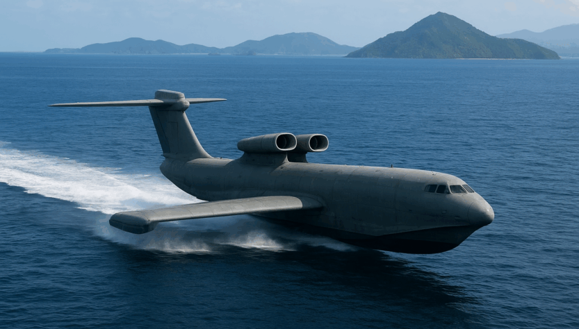 Ekranoplan, Filip Klasna, obrázek vytvořen pomocí umělé inteligence (ChatGPT), Creative Commons Attribution 4.0 International (CC BY 4.0)