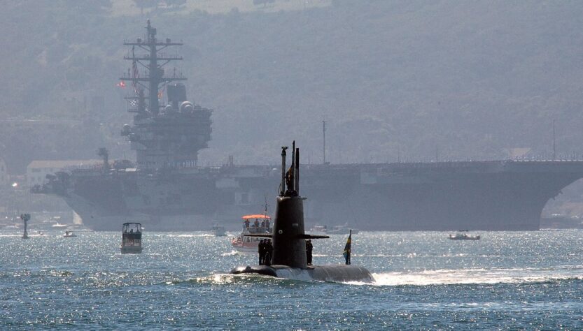 HSwMS Gotland a USS Ronald Reagan, U.S. Navy photo by Photographer’s Mate 1st Class Michael Moriatis (RELEASED), Public Domain